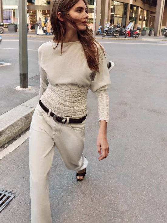 Zara Tops - Zara Cream Long Sleeve Shirred Waist Top